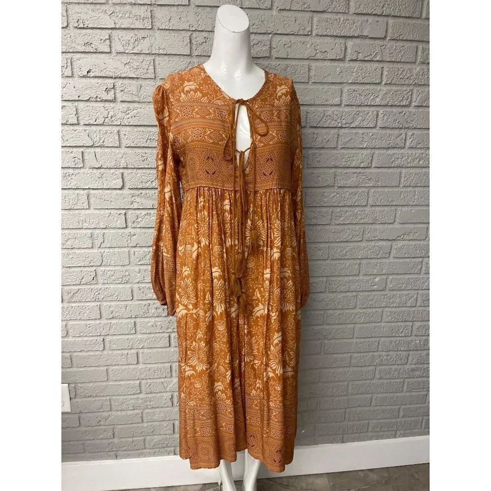 NWT R. Vivimos Boho Tie Front Tassel Balloon Sleeve Ankle Dress Size S